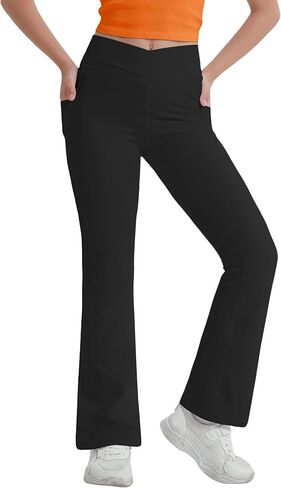 Girl's Crossover Flare Leggings with Pockets, V Cross High Waisted Yoga Bootcut Color Full Length Bell Bottoms in Saudi Arabia