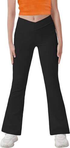 Girl's Crossover Flare Leggings with Pockets, V Cross High Waisted Yoga Bootcut Color Full Length Bell Bottoms in Saudi Arabia