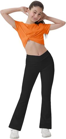 Girl's Crossover Flare Leggings with Pockets, V Cross High Waisted Yoga Bootcut Color Full Length Bell Bottoms in Saudi Arabia