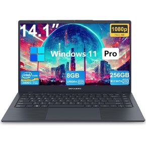 Window 11 Pro Laptop PC with 14.1 inch FHD Display, 8GB LPDDR4 256GB SSD, Celeron J4005 (up to 2.7GHz) 丨3xUSB A丨RJ45丨HD Port丨Wi-Fi 5丨BT5.1, Ultra Thin and Light Notebook Computer - Gray in Kuwait