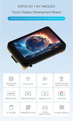 Waveshare ESP32-S3 1.64inch AMOLED CAPACITION DOPIST DOPORCE BOARD 280 × 456 شاشة اللون 16.7M ، زاوية عرض عريضة 178 درجة ، ودعم Wi-Fi و BLE 5 ، واجهة QSPI in Saudi Arabia