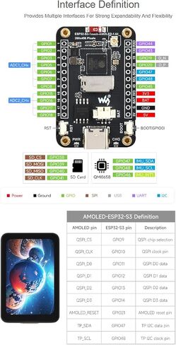 Waveshare ESP32-S3 1.64inch AMOLED CAPACITION DOPIST DOPORCE BOARD 280 × 456 شاشة اللون 16.7M ، زاوية عرض عريضة 178 درجة ، ودعم Wi-Fi و BLE 5 ، واجهة QSPI in Saudi Arabia