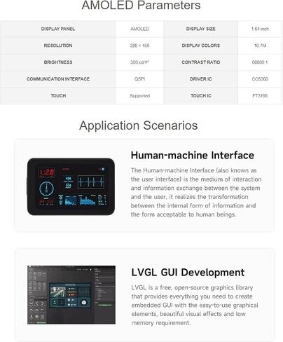 Waveshare ESP32-S3 1.64inch AMOLED CAPACITION DOPIST DOPORCE BOARD 280 × 456 شاشة اللون 16.7M ، زاوية عرض عريضة 178 درجة ، ودعم Wi-Fi و BLE 5 ، واجهة QSPI in Saudi Arabia