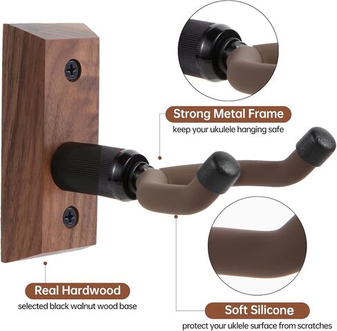 شماعة تثبيت على الحائط من القيثارة، حامل شماعات القيثارة من أجل Ukele Soprano Tenor Baritone Mandolin Banjo، خشب الجوز الأسود الصلب القيثارة عرض خطاف على الحائط للمنزل في الاستوديو - بني in Kuwait