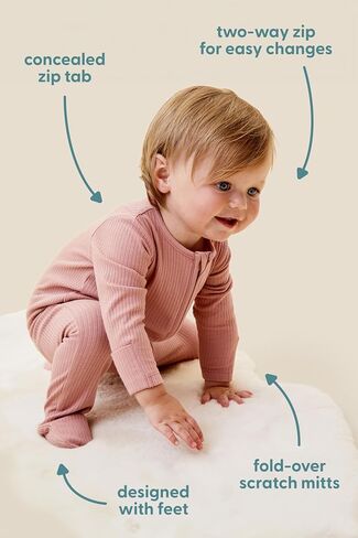 MORI Baby Unisex Ribbed Pajamas with Two Way Zip and Scratch Mitts - Footed Jumpsuit One Piece Sleepwear for Boys and Girls in Saudi Arabia