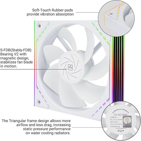 Thermalright TL-M12RW CPU Fan 120mm CASE CASE CONDAR ARD ، 4PIN PWM CONNECTOR SILP SILP مع محمل S-FDB ، مروحة تبريد سطح المكتب لها تأثير جانبي ARGB مرآة ، مروحة مقلوبة (TL-M12RW) in Saudi Arabia