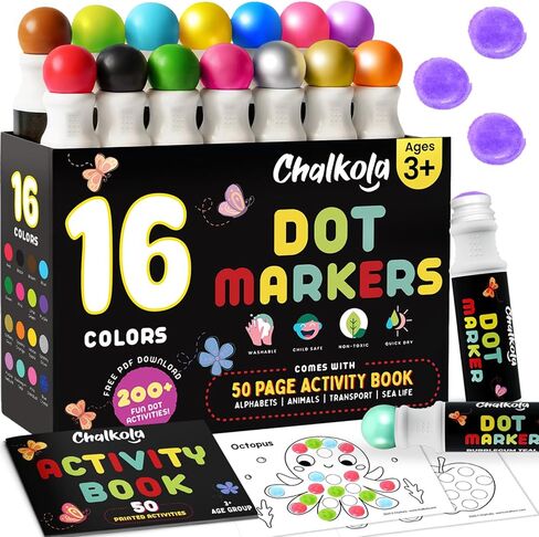 Chalkola Kids Washable Dot Markers 10 Shimmer Colors | Water-Based Non Toxic Paint Daubers for Toddlers | Fun Preschool Art Supplies in Kuwait