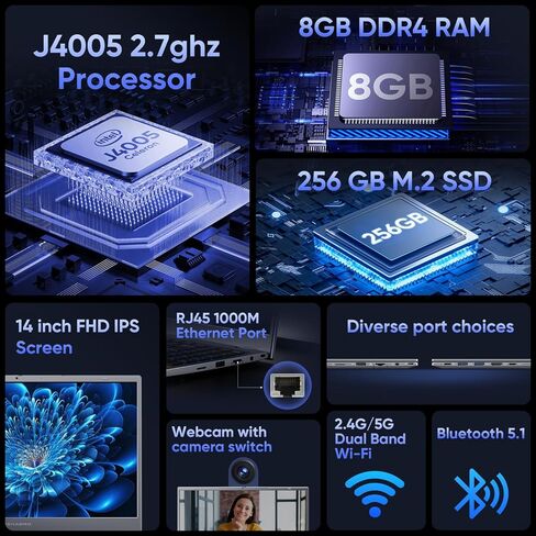 Window 11 Pro Laptop PC with 14.1 inch FHD Display, 8GB LPDDR4 256GB SSD, Celeron J4005 (up to 2.7GHz) 丨3xUSB A丨RJ45丨HD Port丨Wi-Fi 5丨BT5.1, Ultra Thin and Light Notebook Computer - Gray in Kuwait