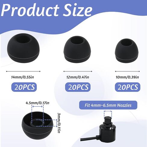 60 Pcs Replacement Earbud Tips, Silicone Ear Buds Tips Headphone Earpads Soft Silicone Ear Tip Earbud Tip Replacement in S/M/L Sizes Earphone Cover Fit Most Headphones (Black) in Saudi Arabia