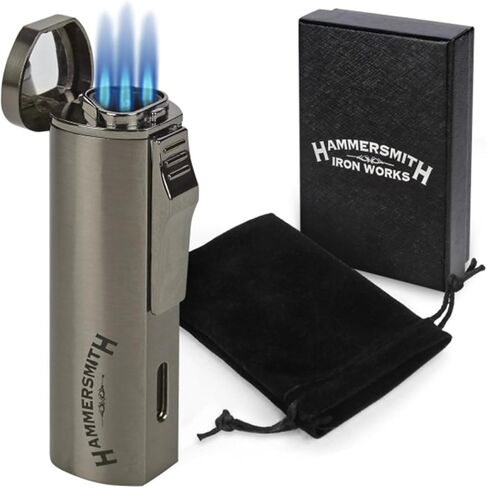 Hammersmith Andolini Triple-Flame Butane Torch Wighter for Cigars and Sigarets ، ولاعات قابلة لإعادة التعبئة ، وشعلة صغيرة ذات جسم معدن ، وخزان وقود عالي السعة (بدون وقود)-Gunmetal in Kuwait