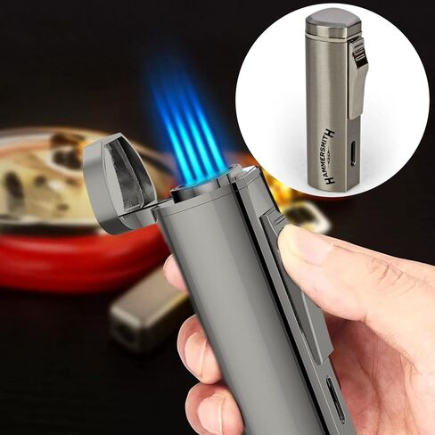Hammersmith Andolini Triple-Flame Butane Torch Wighter for Cigars and Sigarets ، ولاعات قابلة لإعادة التعبئة ، وشعلة صغيرة ذات جسم معدن ، وخزان وقود عالي السعة (بدون وقود)-Gunmetal in Kuwait