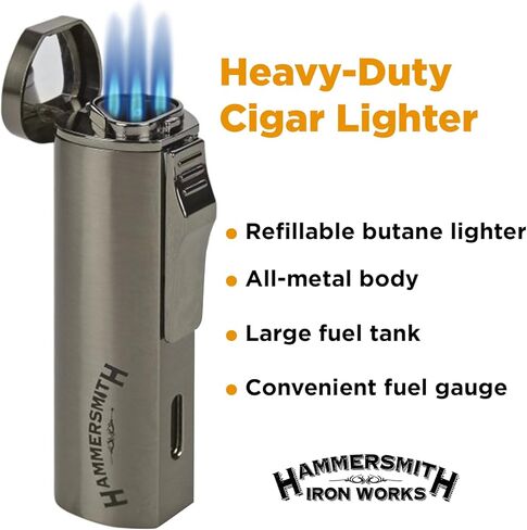 Hammersmith Andolini Triple-Flame Butane Torch Wighter for Cigars and Sigarets ، ولاعات قابلة لإعادة التعبئة ، وشعلة صغيرة ذات جسم معدن ، وخزان وقود عالي السعة (بدون وقود)-Gunmetal in Kuwait