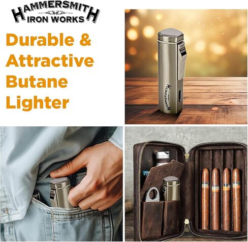 Hammersmith Andolini Triple-Flame Butane Torch Wighter for Cigars and Sigarets ، ولاعات قابلة لإعادة التعبئة ، وشعلة صغيرة ذات جسم معدن ، وخزان وقود عالي السعة (بدون وقود)-Gunmetal in Kuwait