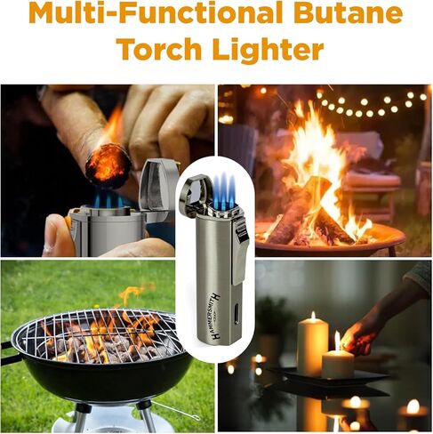 Hammersmith Andolini Triple-Flame Butane Torch Wighter for Cigars and Sigarets ، ولاعات قابلة لإعادة التعبئة ، وشعلة صغيرة ذات جسم معدن ، وخزان وقود عالي السعة (بدون وقود)-Gunmetal in Kuwait