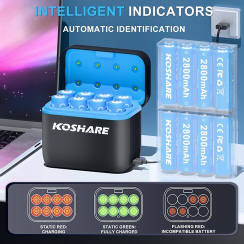 بطاريات AA AAA قابلة للشحن مع شاحن ، 16pcs 1.2v Ni-MH بطاريات قابلة للشحن مع 8 * 2800mAh AA و 8 * 1100 Mah AAA ， 800 دورة ， الشحن المسبق ， من النوع C و 8 شاحن فتحة in Saudi Arabia