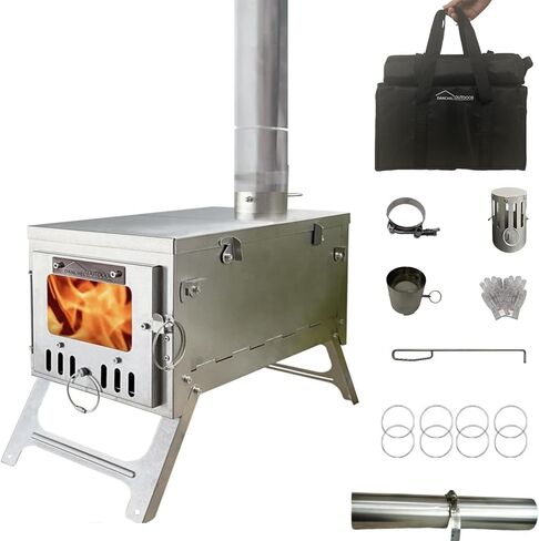 DANCHEL OUTDOOR S6/SSG Portable Tent Wood Burning Stove 304 Stainless Steel, Folding Tiny Hot Tent Stove Lightweight with 7.2ft Chimney for Backpacking, Winter Survival, Cooking in Saudi Arabia