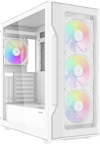 SAMA V MESH MID TOWER CASE - High Airflow PC GAMING GAMING PANEST MESH PANCE FROND FRAND FRANTER و 3 × 140 مم من المعجبين ARGB PWM ، يدعم ATX/M -ATX/ITX - أبيض in Kuwait