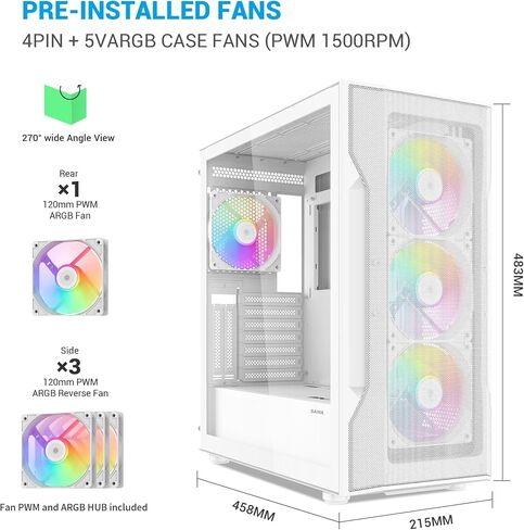 SAMA V MESH MID TOWER CASE - High Airflow PC GAMING GAMING PANEST MESH PANCE FROND FRAND FRANTER و 3 × 140 مم من المعجبين ARGB PWM ، يدعم ATX/M -ATX/ITX - أبيض in Kuwait