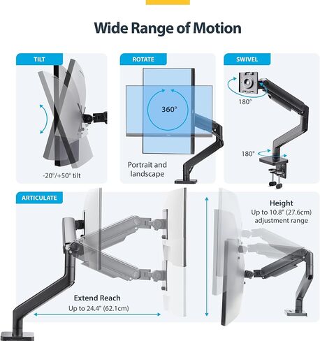 StarTech.com Monitor Desk Mount for up to 49in 32:9 Ultrawide Curved Screen, Mechanical Spring Arm, C-Clamp/Grommet, Max 44lb in Saudi Arabia
