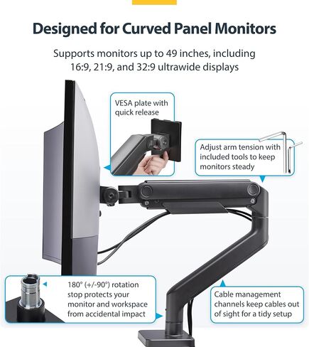 StarTech.com Monitor Desk Mount for up to 49in 32:9 Ultrawide Curved Screen, Mechanical Spring Arm, C-Clamp/Grommet, Max 44lb in Saudi Arabia