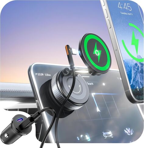 15W for MagSafe Car Mount Charger, Magnetic Wireless Car Phone Holder for iPhone 17 16 15 14 13 12 Pro Max, 360° Adjustable iPhone Charger for Car with USB C Car Charger Adapter in Kuwait