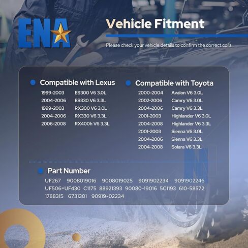 مجموعة ENA من 6 قطع حزمة ملف إشعال متوافقة مع Toyota Lexus 2001-2003 هايلاندر 3. 0L V6 2001-2003 Sienna 3. 0L V6 1999-2003 RX300 3. 0L V6 Replacement لـ C1175 UF-267 in Kuwait