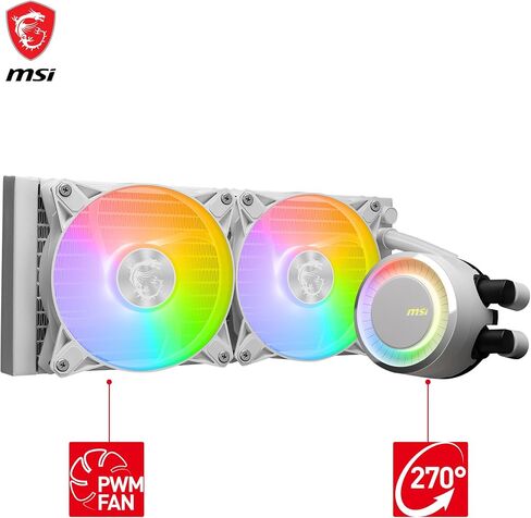 MSI Mag Coreliquid E240 White CPU COWER - صفيحة باردة النحاس الموسع ، ومراوح ArgB blockhead و FDB ، وكتلة المياه المزدوجة ، والمبرد المنقسمة ، والضوء الصوفي المدعوم - AMD & Intel compatible in Saudi Arabia