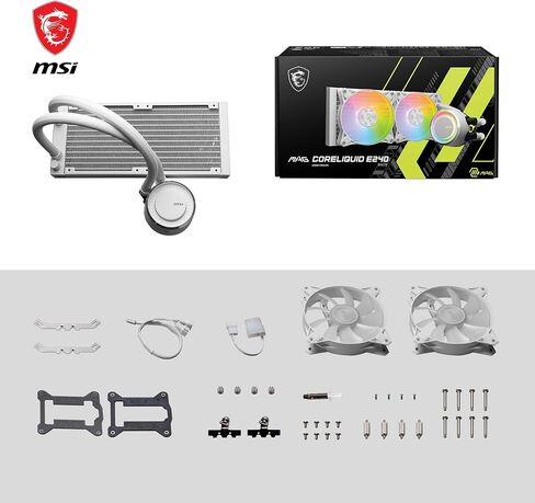 MSI Mag Coreliquid E240 White CPU COWER - صفيحة باردة النحاس الموسع ، ومراوح ArgB blockhead و FDB ، وكتلة المياه المزدوجة ، والمبرد المنقسمة ، والضوء الصوفي المدعوم - AMD & Intel compatible in Saudi Arabia