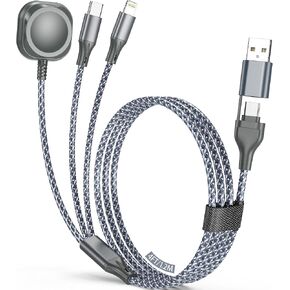 كابل شحن متعدد الشحن لشاحن Apple Watch ، 3 في 2 USB C Cable 6ft Iphone Charger/Type C/Lightning Travel Cabls for IWatch Ultra/SE/10-1 & iPhone 16-5 Pro/Plus in Kuwait