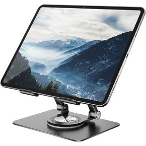 Tablet Stand Holder with 360° Rotating Base Dual Rod Aluminum Adjustable Tablet Stand for Desk Compatible with iPad Samsung Phone Kindle E-Reader and More, Black in Kuwait