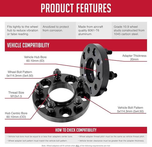 Wheel Accessories Parts 2 Pcs Hub Centric Wheel Spacers 5 on 4.50 114.3mm 20mm Thick 12mm 1.50 Thread Stud 60.10mm Hub Fits Toyota | Lexus Passenger Cars in Saudi Arabia