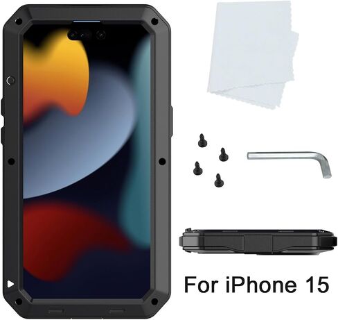 Marrkey Compatiable with iPhone 15 Case,360 Full Body Protective Cover Heavy Duty Shockproof Tough Armour Aluminum Alloy Metal Case with Silicone Built-in Screen Protector - Black in Kuwait