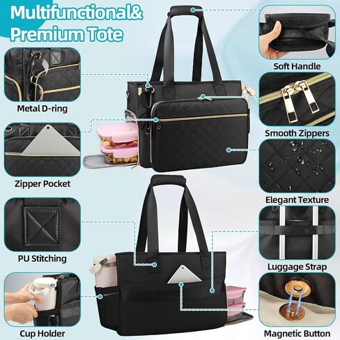 حقيبة حمل الغداء للنساء مع جيب منظم ملفات الأكورديون ، 3 في 1 حقيبة حمل يومي مع مقصورة غداء معزولة وحجرة كمبيوتر محمول 15.6 بوصة لممرضة المعلم التجارية (أسود) in Kuwait