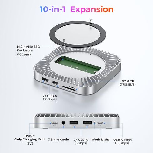 RAYCUE MAC MINI M4 DOCK & Stand مع حاوية 8T NVME SSD ، 2 USB A 10GBPS ، منفذ بيانات USB C 10G ، 5G USB A*2 ، USB-C Charge ، SD/ TF ، Audio لـ MAC Mini M4/ M4 Pro in Kuwait