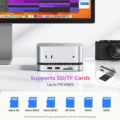 RAYCUE MAC MINI M4 DOCK & Stand مع حاوية 8T NVME SSD ، 2 USB A 10GBPS ، منفذ بيانات USB C 10G ، 5G USB A*2 ، USB-C Charge ، SD/ TF ، Audio لـ MAC Mini M4/ M4 Pro in Kuwait