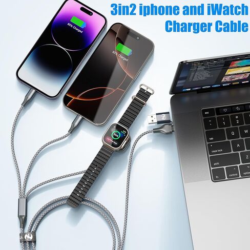 كابل شحن متعدد الشحن لشاحن Apple Watch ، 3 في 2 USB C Cable 6ft Iphone Charger/Type C/Lightning Travel Cabls for IWatch Ultra/SE/10-1 & iPhone 16-5 Pro/Plus in Kuwait