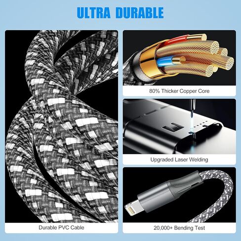 كابل شحن متعدد الشحن لشاحن Apple Watch ، 3 في 2 USB C Cable 6ft Iphone Charger/Type C/Lightning Travel Cabls for IWatch Ultra/SE/10-1 & iPhone 16-5 Pro/Plus in Kuwait