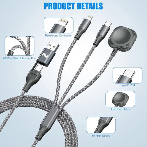 كابل شحن متعدد الشحن لشاحن Apple Watch ، 3 في 2 USB C Cable 6ft Iphone Charger/Type C/Lightning Travel Cabls for IWatch Ultra/SE/10-1 & iPhone 16-5 Pro/Plus in Kuwait