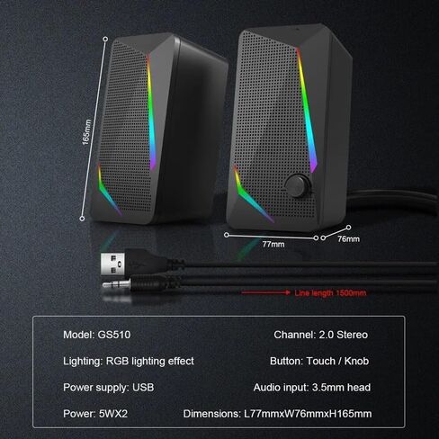 3.5mm Aux 2.0 Stereo Surround Music RGB Gaming Speakers Sound Bar for Computer Desktop PC Loudspeakers in Saudi Arabia