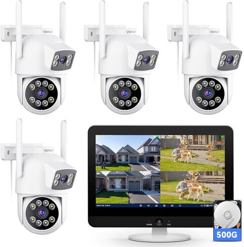 نظام كاميرات أمان 2K Wireless Outdoor مع 12 بوصة ، وكاميرتين للعدسات المزدوجة للمراقبة المنزلية والأعمال ، و 360 درجة PTZ ، و 2.4 جم/5G واي فاي ، والكشف البشري ، وتتبع السيارات ، 16CH NVR مع 500G HDD in Kuwait