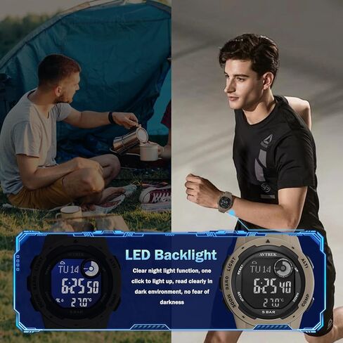 ساعة عداد الخطى الرياضية الرقمية للمراهقين مع مقياس الارتفاع والبارومتر، ساعة في الهواء الطلق، ساعة رياضية مقاومة للماء للجيش العسكري (مقهى) in Kuwait