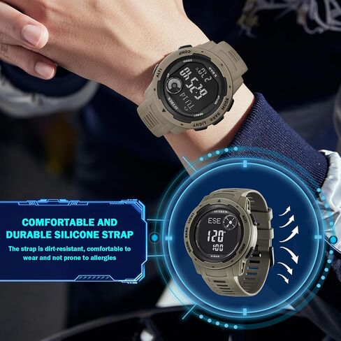 ساعة عداد الخطى الرياضية الرقمية للمراهقين مع مقياس الارتفاع والبارومتر، ساعة في الهواء الطلق، ساعة رياضية مقاومة للماء للجيش العسكري (مقهى) in Kuwait