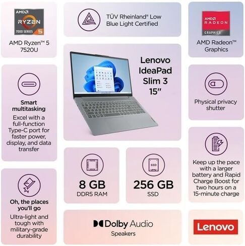 LENOVO IDEA PAD 3 LAPTOP باللون الرمادي AMD RYZEN 5 حتى 4.3 جيجا هرتز 15.6in FHD 8GB RAM 256GB SSD Backlit Keyboard Win 11 (ID3 - READPHED) in Kuwait
