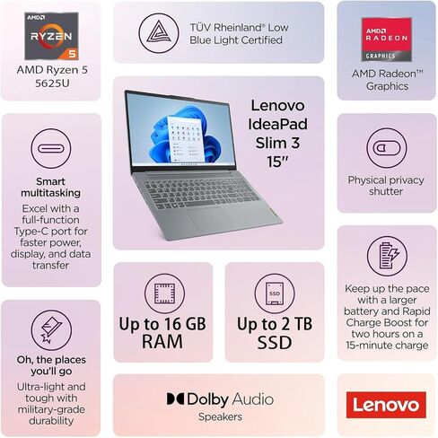 Lenovo 15.6 "كمبيوتر IdeaPad المحمول مع Microsoft Office 365 ، AMD Ryzen 5 5625U (يتفوق على I7-1260U) ، ذاكرة الوصول العشوائي 16 جيجا بايت ، 256 جيجا بايت SSD ، لوحة مفاتيح خلفية ، هادئة ، بطارية طويلة ، Windows 11 Pro ، WOWPC in Kuwait