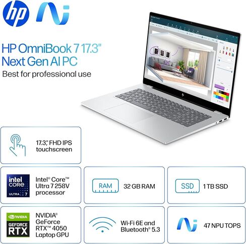 HP OmniBook 7 17.3"(Replace Envy17) Copilot+ AI PC Touchscreen Laptop, GeForce RTX 4050, Intel Evo Core Ultra 7 Series 2 258V(>Ultra 9 185H), Backlit KB, W/512GB PSD&Stylus, Win11 Home(32GB|2TB SSD) in Saudi Arabia