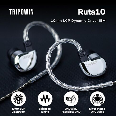Linsoul Tripowin RUTA10 في شاشة الأذن ، سماعات سائق Dymic Darking Dynamic 10mm ، وسخّر Hifi سلكي ، مع قذيفة سبيكة CNC وكابل مطلي بالفضة القابل للفصل للموسيقي Audiophile (Silver) in Saudi Arabia