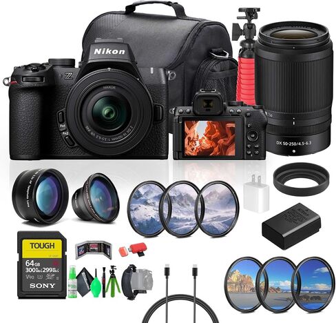 Nikon Z50 II Compact Mirrorless Digital Camera مع Nikkor Z DX 16-50 مم و 50-250 مم العدسة Zoom Kit + 64 جيجابايت بطاقة ذاكرة + عدسة تليفوتوغرافية + كيس كاميرا + عدسة زاوية واسعة + مجموعة مرشح العدسة + المزيد in Saudi Arabia