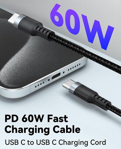 Short USB C to USB C Cable 3 inch, 60W PD Fast Charging Type-C Cord, USBC 2.0 480Mbps Data Transfer Braided Compatible with Travel Power Bank, iphone16/15, Galaxy, Google Pixel, iPod Pro, SSD in Kuwait