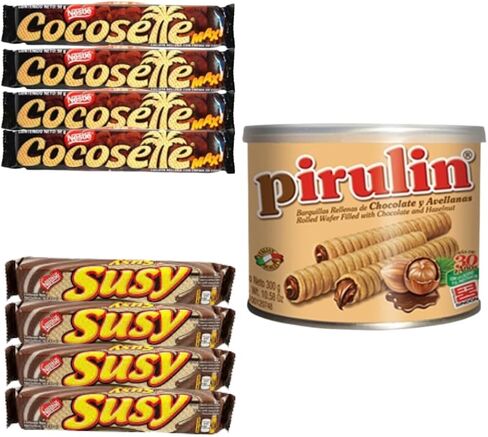 Latinsabor Venezuela Snacks Sweet Pack: COCOSETTE Cookie Wafers 50 gr (4 Pack) + SUSY Cookie Wafers 50 Gr (4 pack) + Pirulin Wafer Filled with Hazelnut and Chocolate Can 300 gr in Saudi Arabia