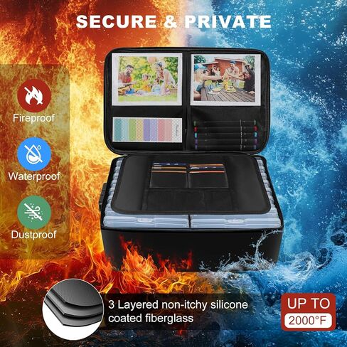 Large Fireproof Photo Storage Box with 18 Inner 5x7 Photo Cases, Collapsible Photo Boxes Storage with Lock, Portable Photo Organizers and Storage with Handle for Photos, Pictures, Valuables in Saudi Arabia